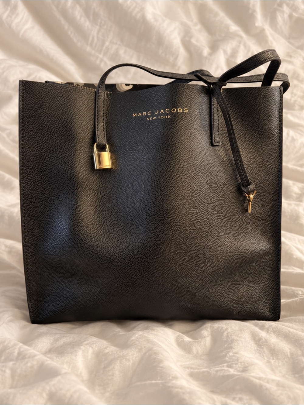 Marc Jacobs Black Leather “The Grind” Tote with Gold accents